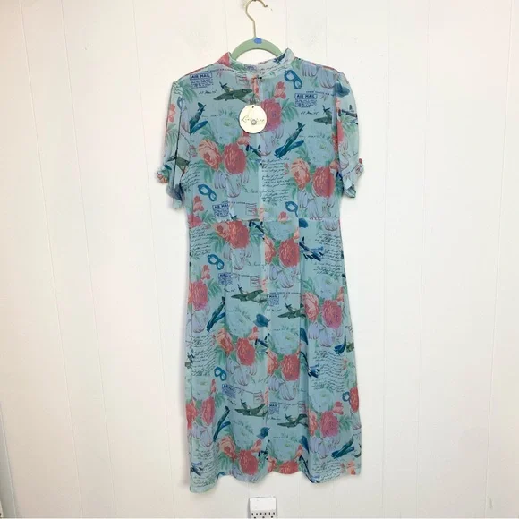 NWT Lindy Bop Retro Amelia Dress Mint Planes Floral Size US 12 Love Letters Blue - Picture 3 of 16